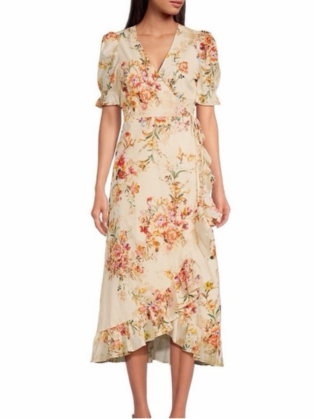 A LOVES A Floral Wrap Midi Dress in Beige